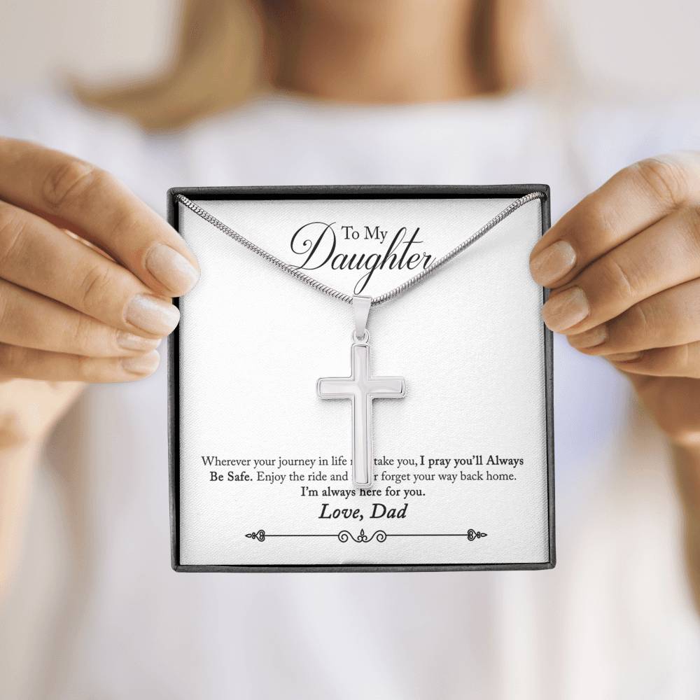 To My Daughter Always Be Safe Message Cross Card Necklace w Stainless Steel Pendant-Express Your Love Gifts