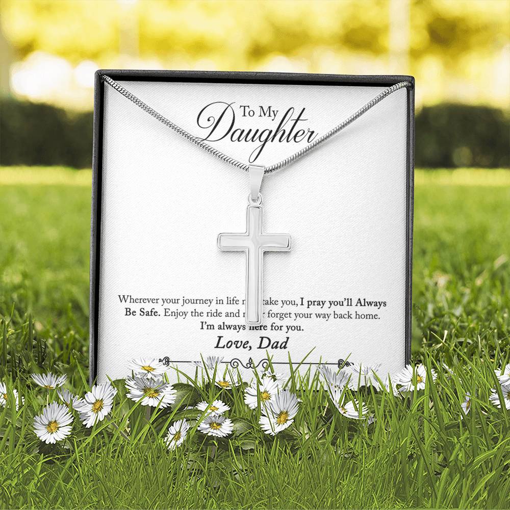 To My Daughter Always Be Safe Message Cross Card Necklace w Stainless Steel Pendant-Express Your Love Gifts