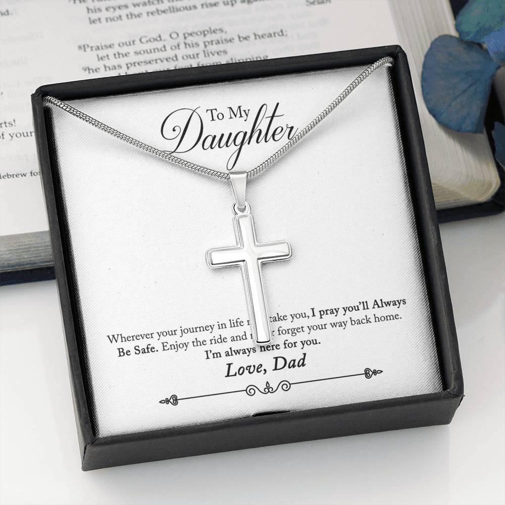 To My Daughter Always Be Safe Message Cross Card Necklace w Stainless Steel Pendant-Express Your Love Gifts