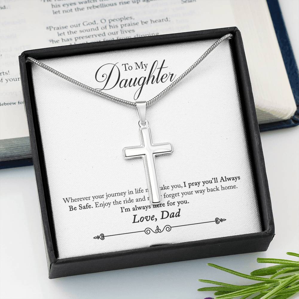 To My Daughter Always Be Safe Message Cross Card Necklace w Stainless Steel Pendant-Express Your Love Gifts