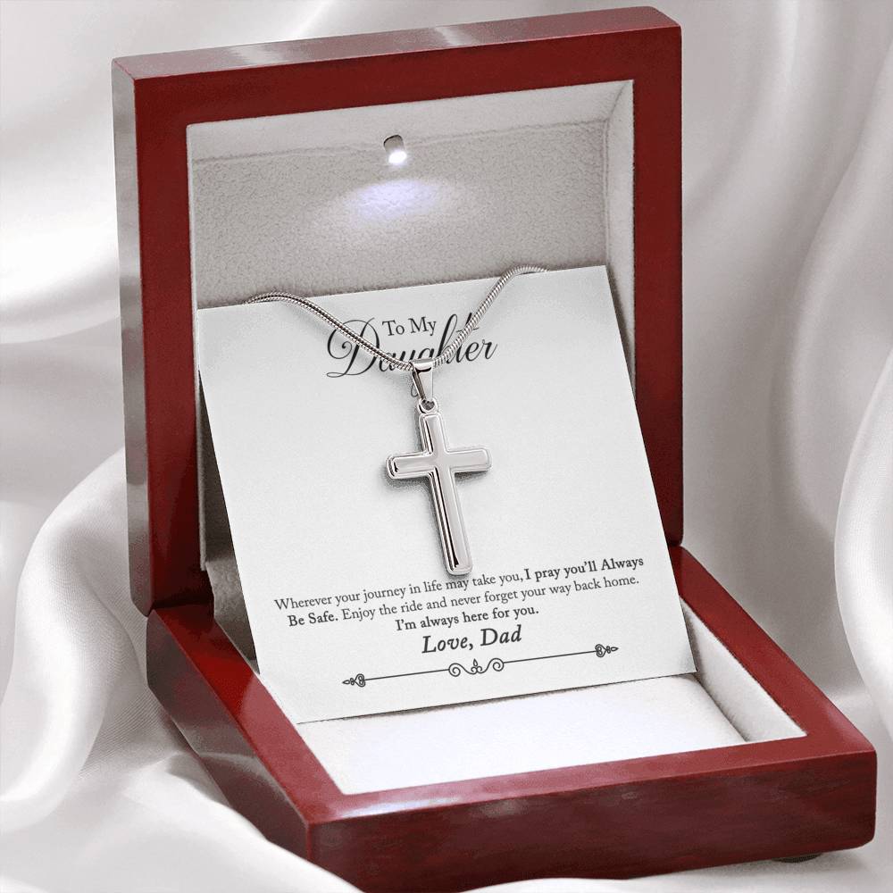To My Daughter Always Be Safe Message Cross Card Necklace w Stainless Steel Pendant-Express Your Love Gifts