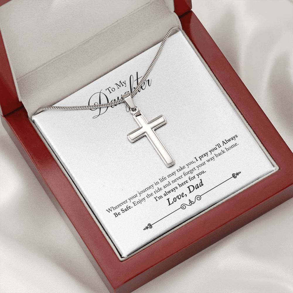 To My Daughter Always Be Safe Message Cross Card Necklace w Stainless Steel Pendant-Express Your Love Gifts
