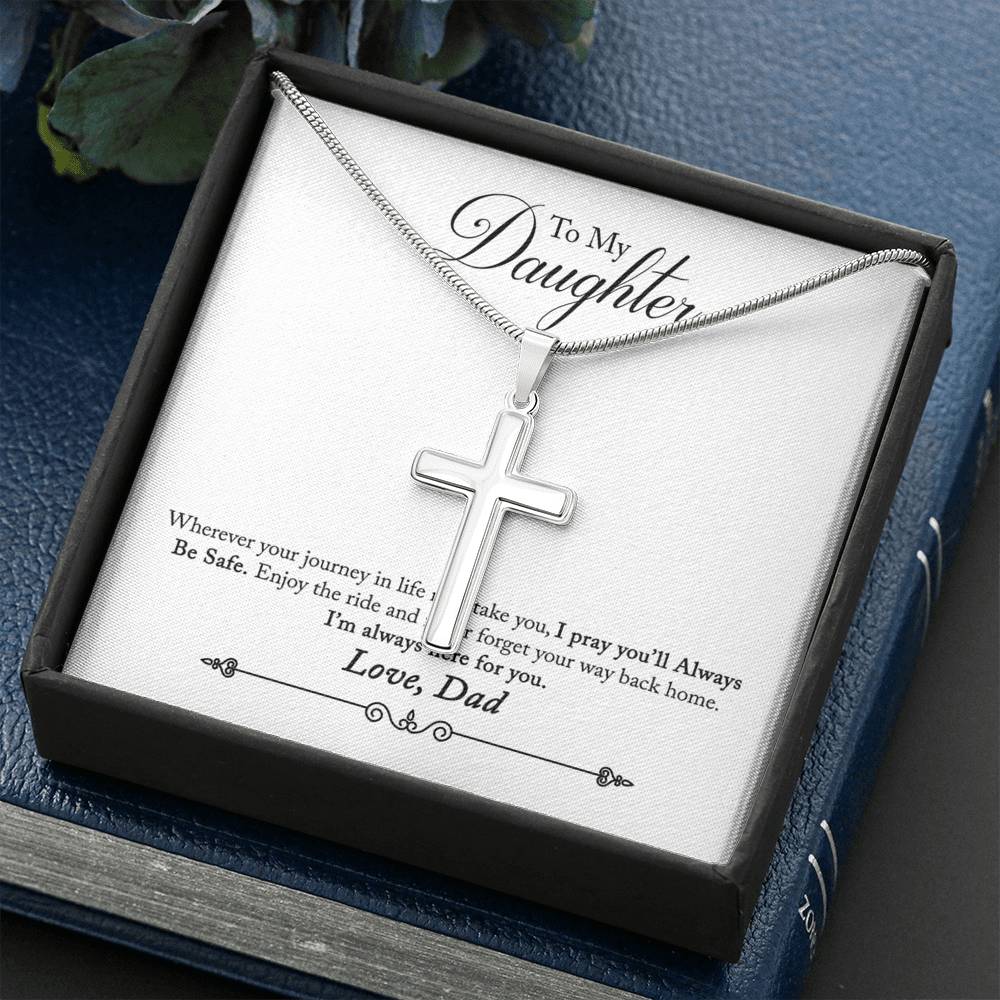 To My Daughter Always Be Safe Message Cross Card Necklace w Stainless Steel Pendant-Express Your Love Gifts