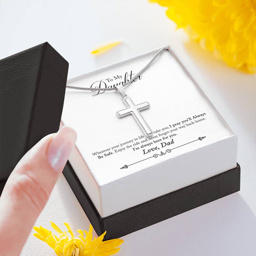 To My Daughter Always Be Safe Message Cross Card Necklace w Stainless Steel Pendant-Express Your Love Gifts
