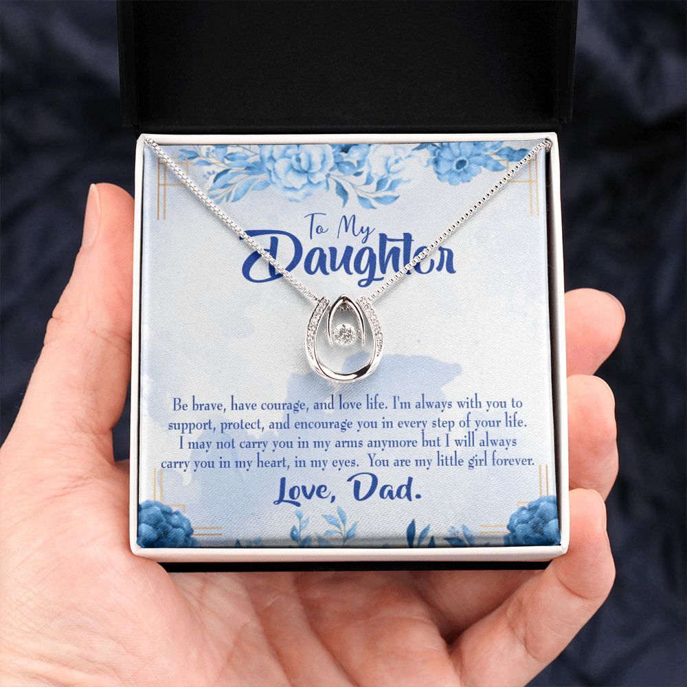 To My Daughter Always in Dad's Heart Lucky Horseshoe Necklace Message Card 14k w CZ Crystals-Express Your Love Gifts