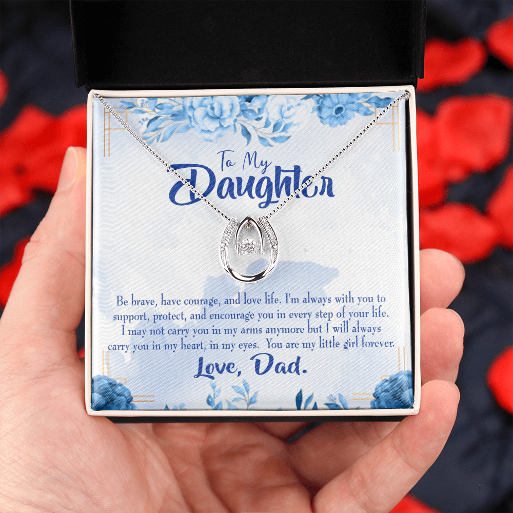 To My Daughter Always in Dad's Heart Lucky Horseshoe Necklace Message Card 14k w CZ Crystals-Express Your Love Gifts
