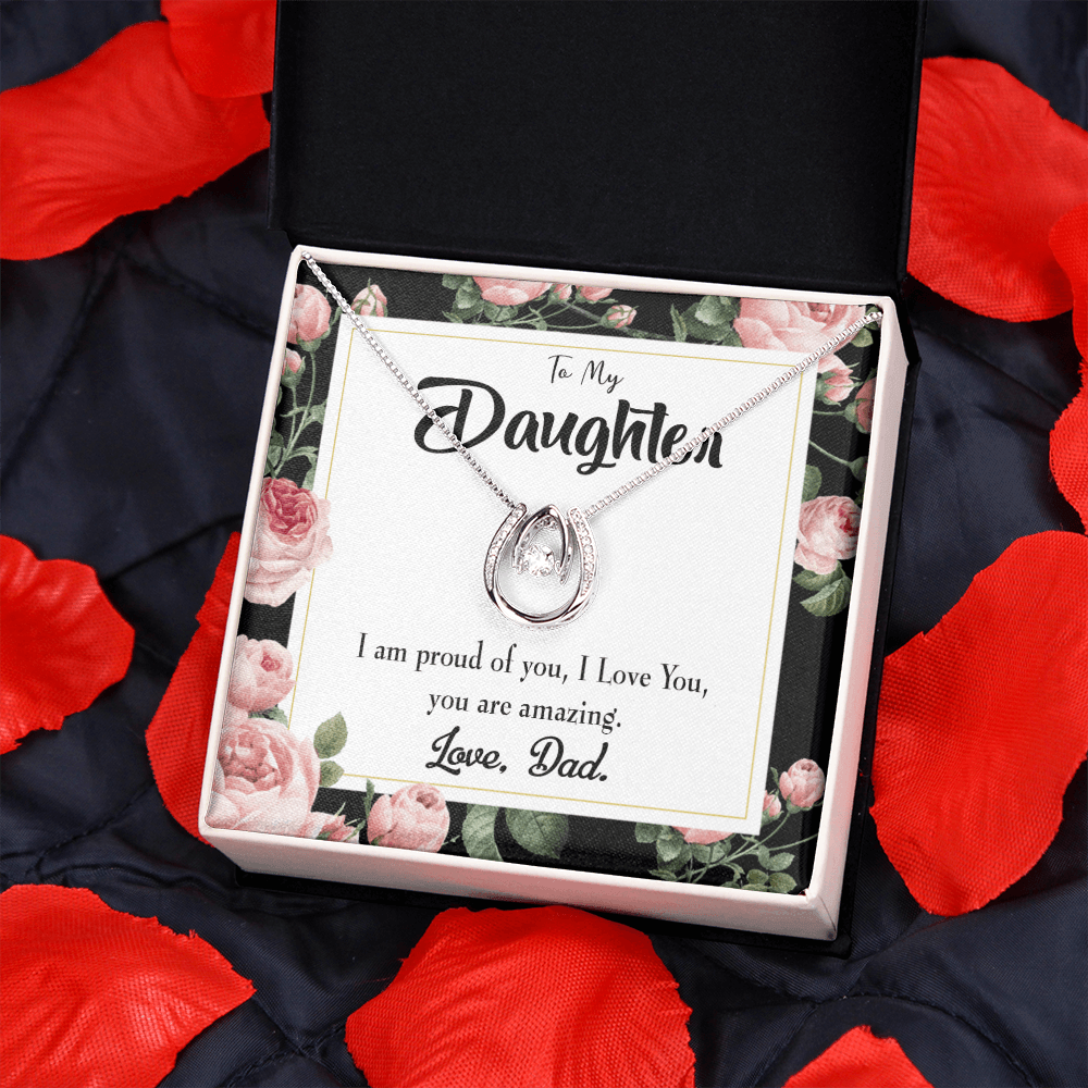 To My Daughter Amazing Daughter to Dad Lucky Horseshoe Necklace Message Card 14k w CZ Crystals-Express Your Love Gifts