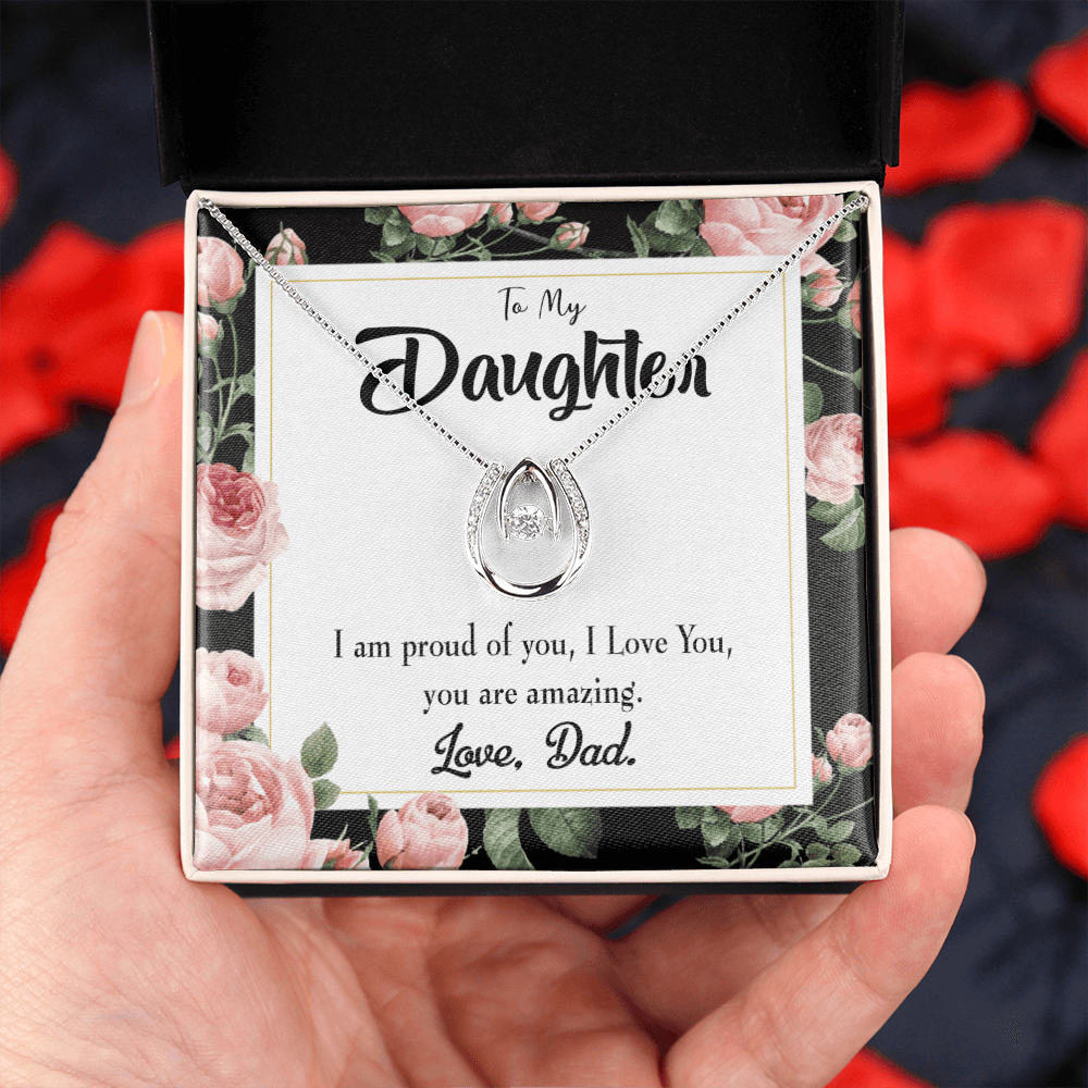 To My Daughter Amazing Daughter to Dad Lucky Horseshoe Necklace Message Card 14k w CZ Crystals-Express Your Love Gifts