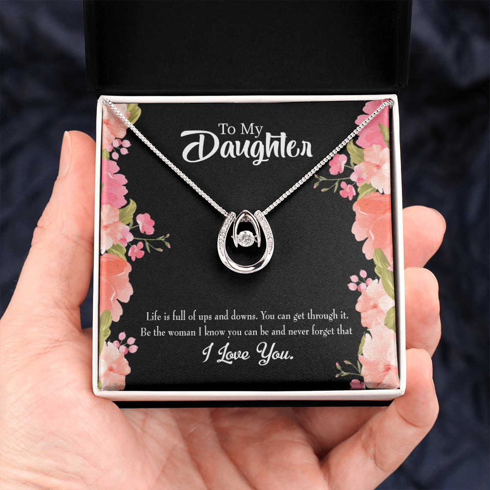 To my Daughter Be Strong Lucky Horseshoe Necklace Message Card 14k w CZ Crystals-Express Your Love Gifts