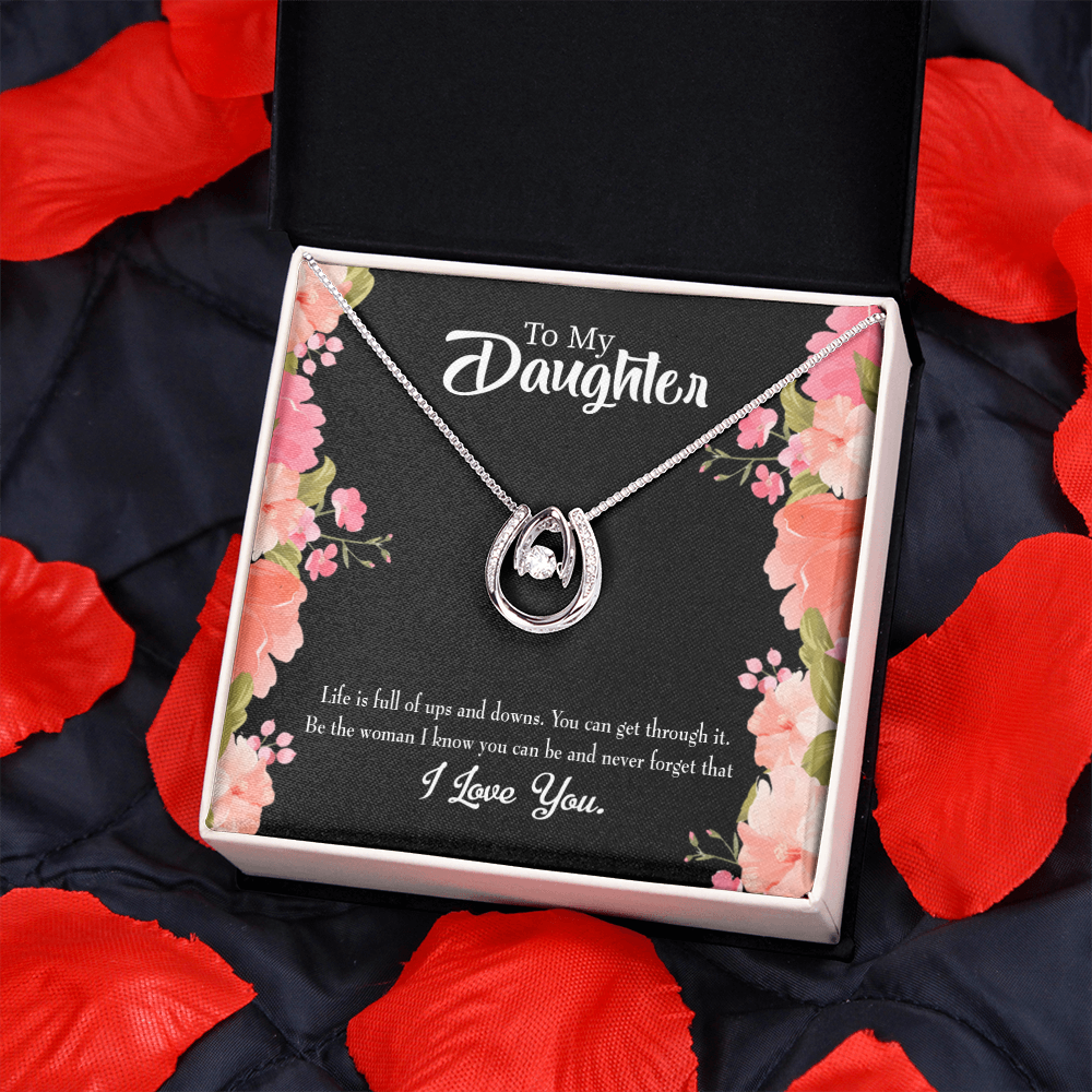 To my Daughter Be Strong Lucky Horseshoe Necklace Message Card 14k w CZ Crystals-Express Your Love Gifts