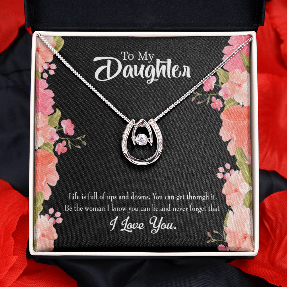 To my Daughter Be Strong Lucky Horseshoe Necklace Message Card 14k w CZ Crystals-Express Your Love Gifts