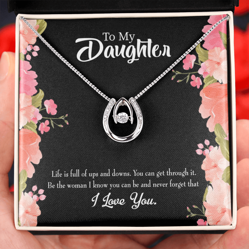 To my Daughter Be Strong Lucky Horseshoe Necklace Message Card 14k w CZ Crystals-Express Your Love Gifts