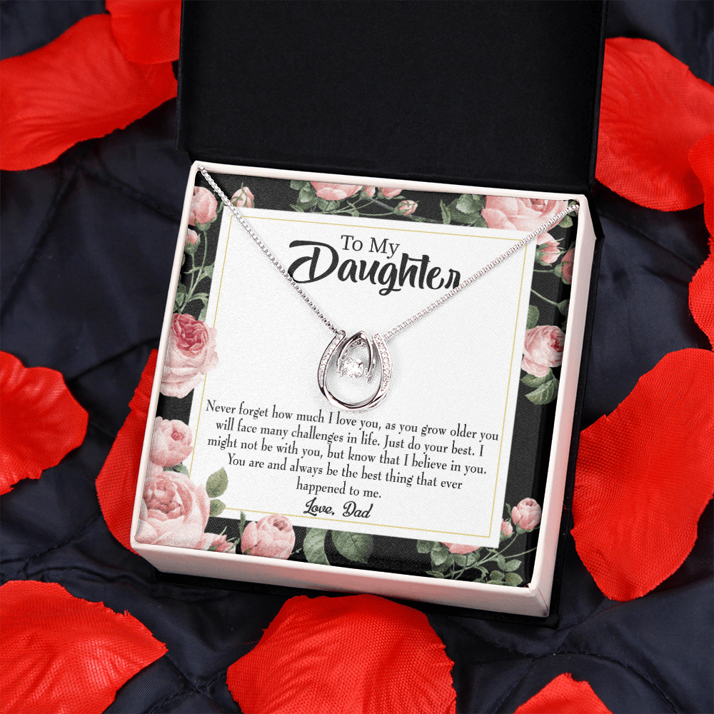 To My Daughter Best Thing From Dad Lucky Horseshoe Necklace Message Card 14k w CZ Crystals-Express Your Love Gifts