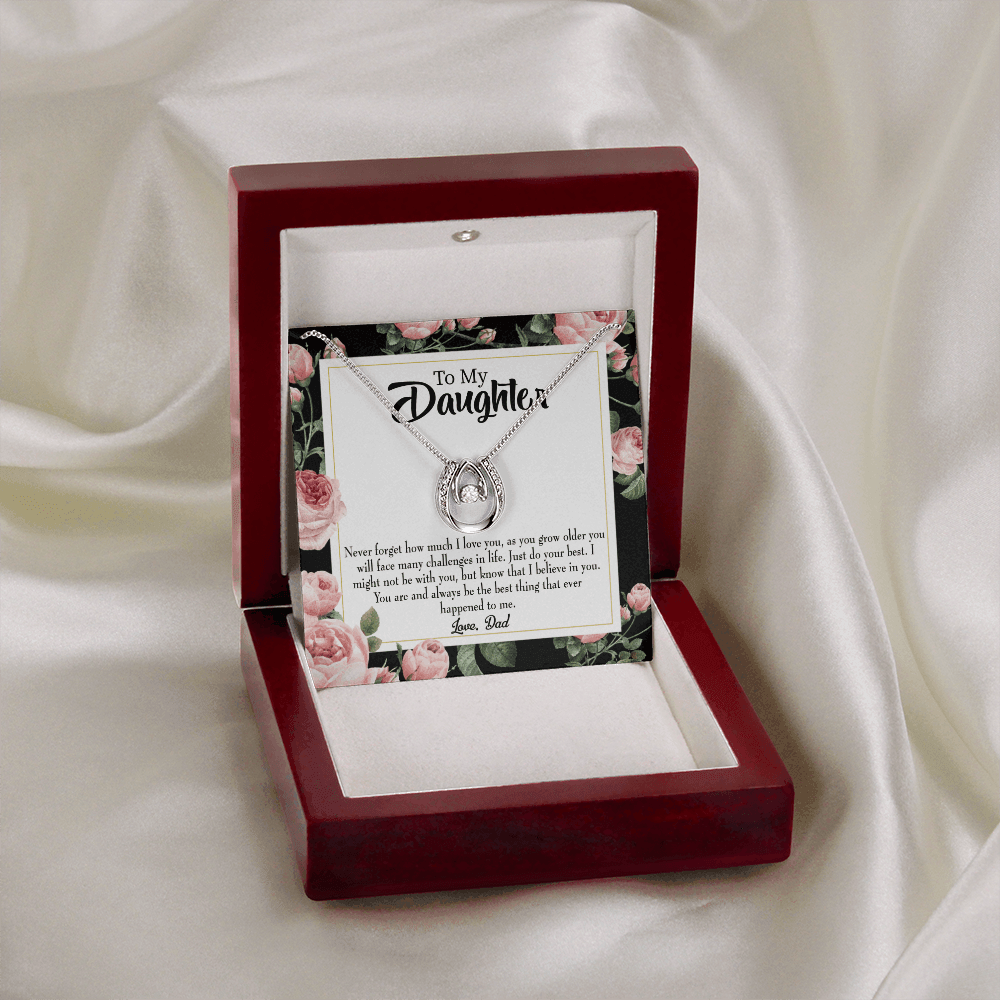 To My Daughter Best Thing From Dad Lucky Horseshoe Necklace Message Card 14k w CZ Crystals-Express Your Love Gifts