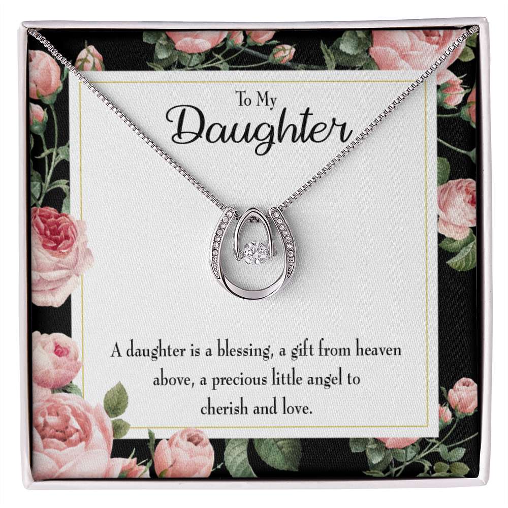To My Daughter Blessing from Heaven Lucky Horseshoe Necklace Message Card 14k w CZ Crystals-Express Your Love Gifts