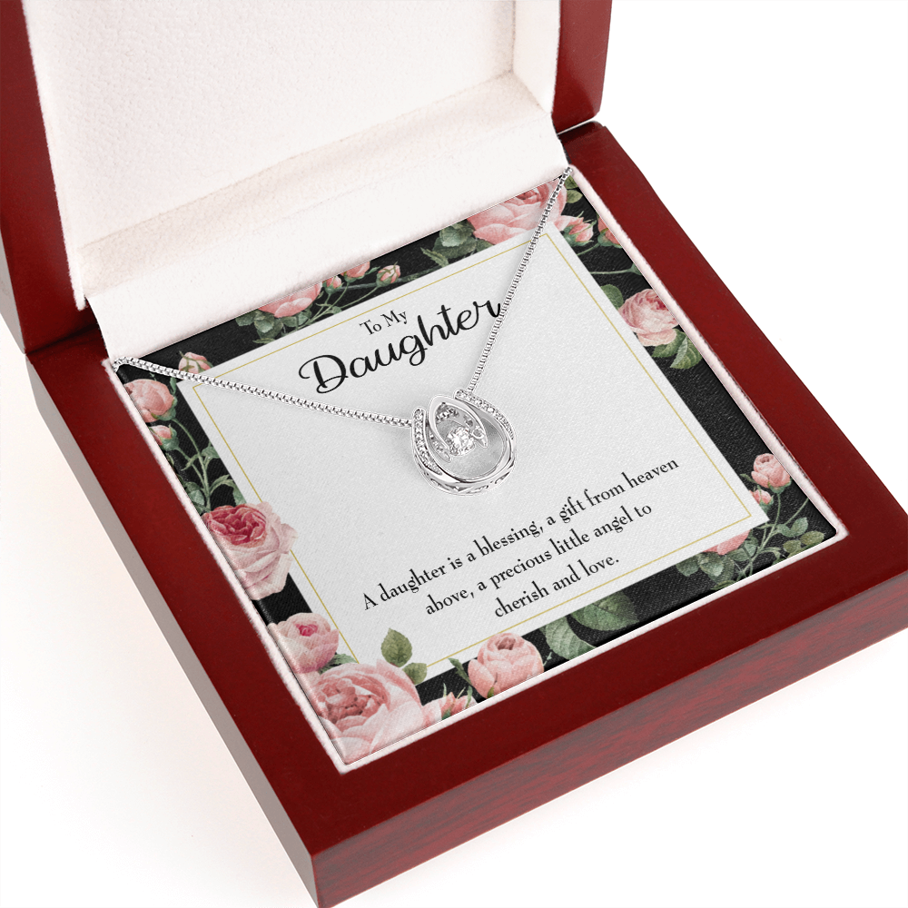 To My Daughter Blessing from Heaven Lucky Horseshoe Necklace Message Card 14k w CZ Crystals-Express Your Love Gifts