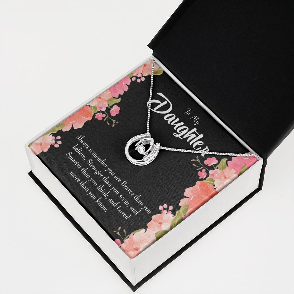 To My Daughter Braver Stronger and Smarter Lucky Horseshoe Necklace Message Card 14k w CZ Crystals-Express Your Love Gifts