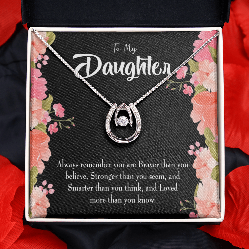 To My Daughter Braver Stronger and Smarter Lucky Horseshoe Necklace Message Card 14k w CZ Crystals-Express Your Love Gifts