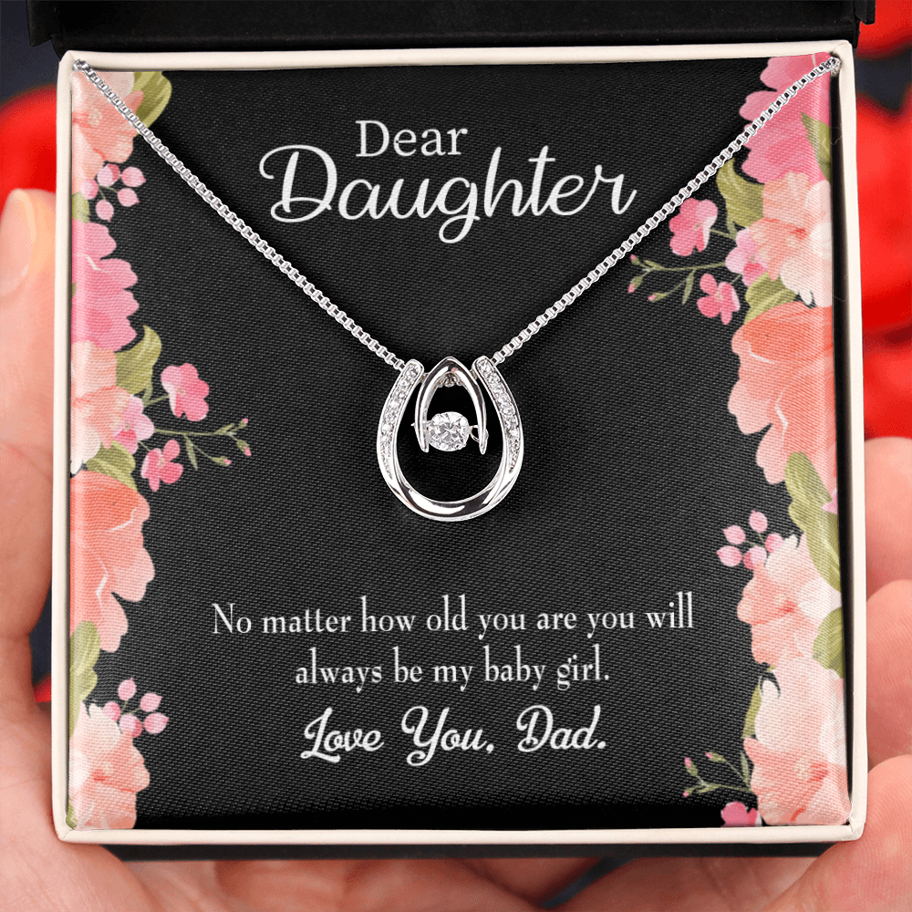 To My Daughter Dad's Baby Girl Lucky Horseshoe Necklace Message Card 14k w CZ Crystals-Express Your Love Gifts