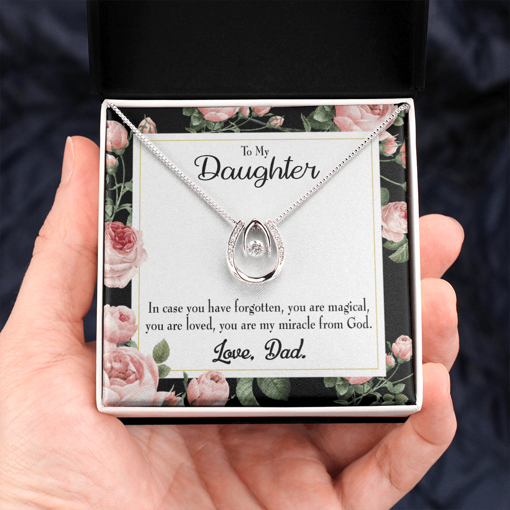 To My Daughter Dad's Magical and Miracle Lucky Horseshoe Necklace Message Card 14k w CZ Crystals-Express Your Love Gifts