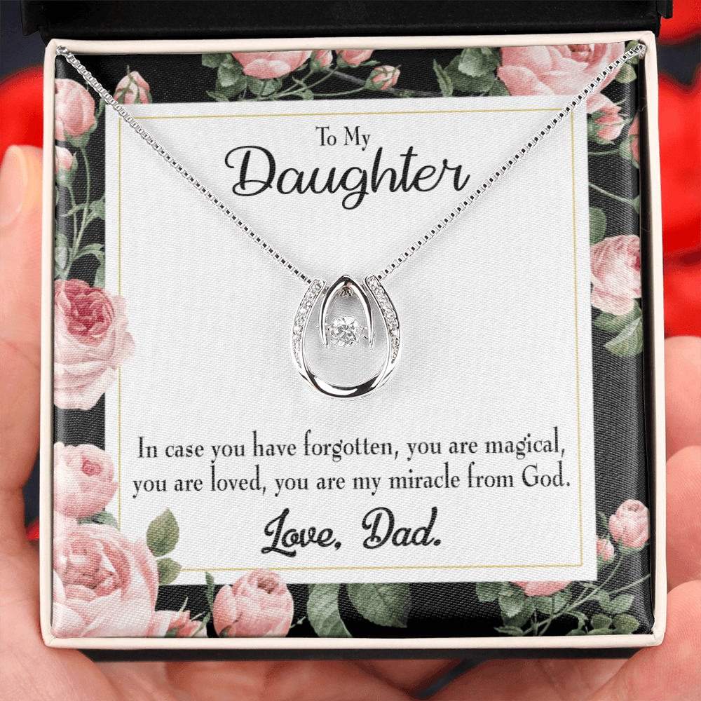 To My Daughter Dad's Magical and Miracle Lucky Horseshoe Necklace Message Card 14k w CZ Crystals-Express Your Love Gifts