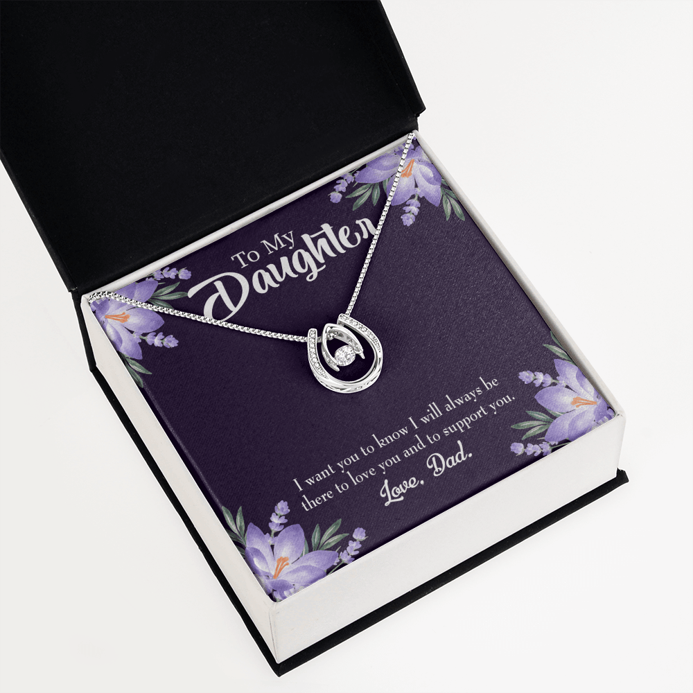 To My Daughter Dad Supports You Lucky Horseshoe Necklace Message Card 14k w CZ Crystals-Express Your Love Gifts