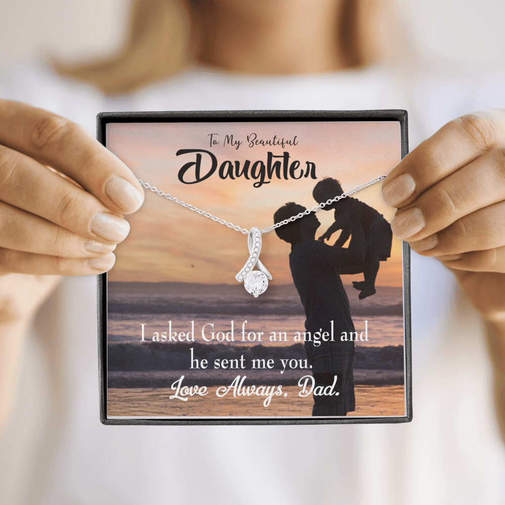 To My Daughter Daughter is God Sent Angel to Dad Alluring Ribbon Necklace Message Card-Express Your Love Gifts