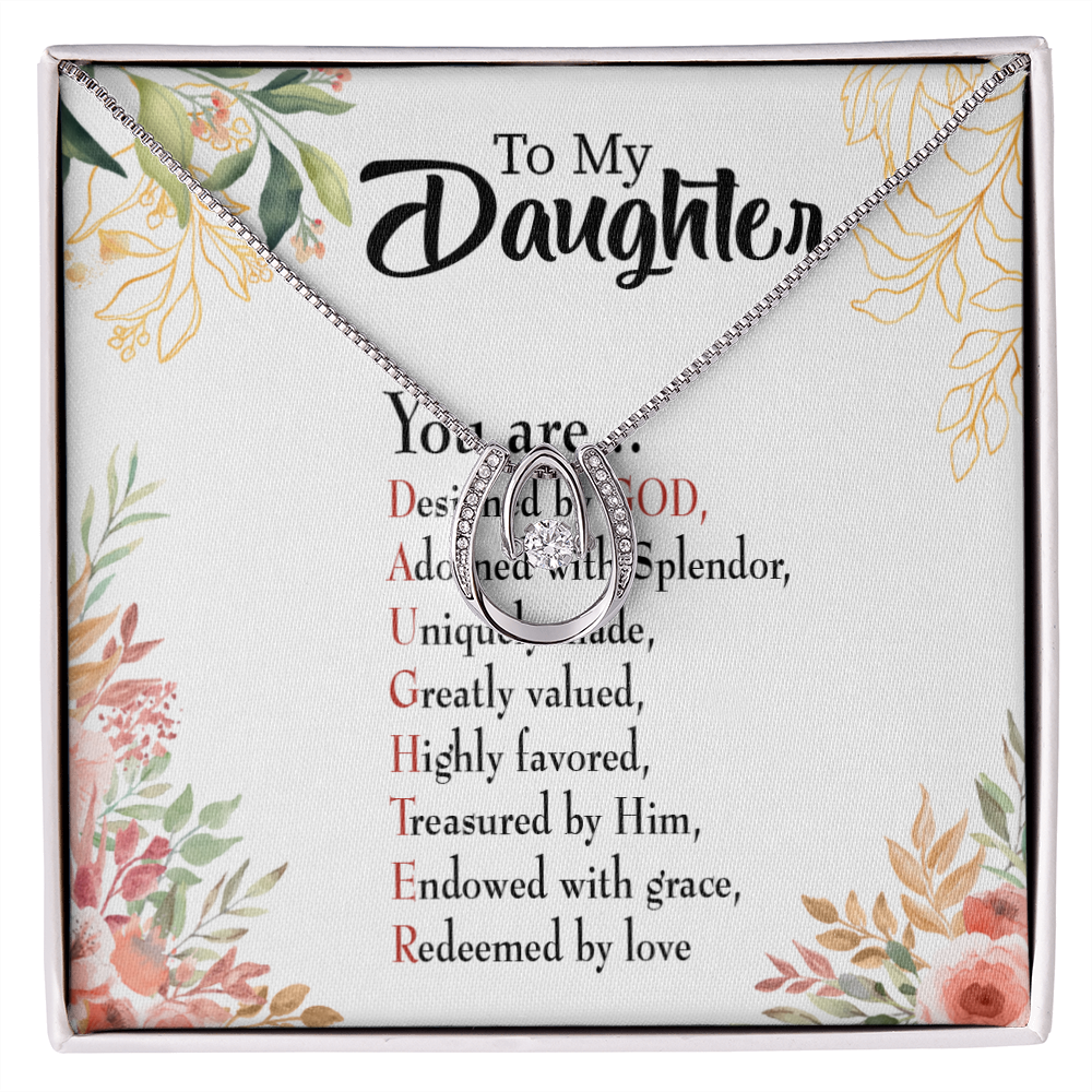 To My Daughter Designed by God Lucky Horseshoe Necklace Message Card 14k w CZ Crystals-Express Your Love Gifts