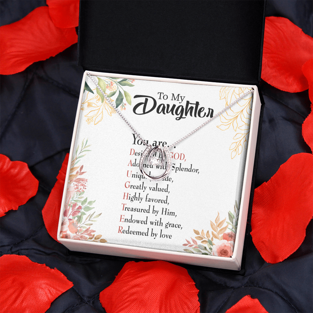 To My Daughter Designed by God Lucky Horseshoe Necklace Message Card 14k w CZ Crystals-Express Your Love Gifts