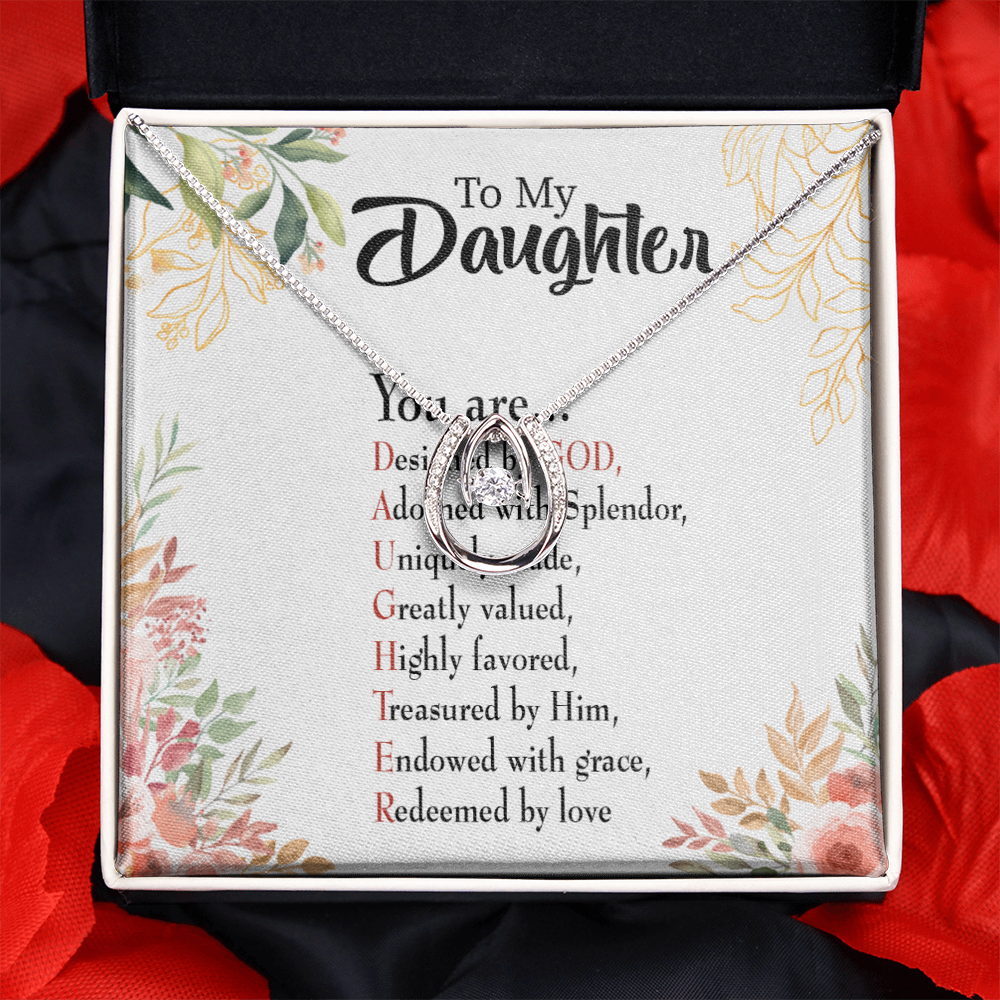 To My Daughter Designed by God Lucky Horseshoe Necklace Message Card 14k w CZ Crystals-Express Your Love Gifts