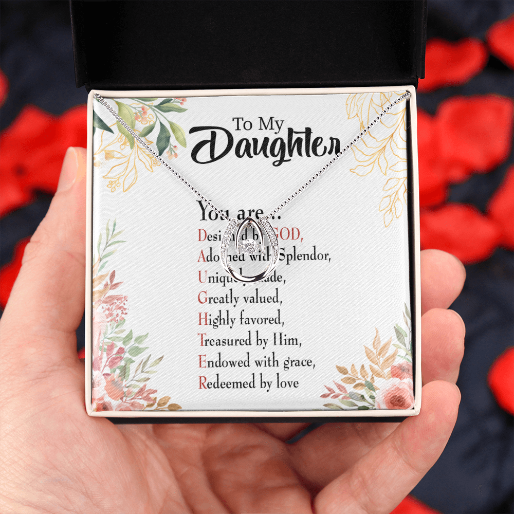 To My Daughter Designed by God Lucky Horseshoe Necklace Message Card 14k w CZ Crystals-Express Your Love Gifts