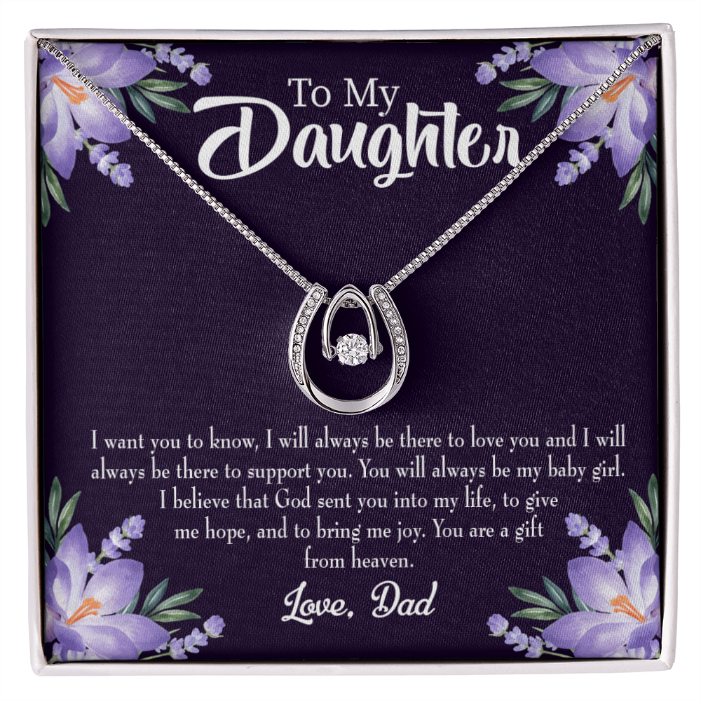 To My Daughter Gift From Heaven From Dad Lucky Horseshoe Necklace Message Card 14k w CZ Crystals-Express Your Love Gifts