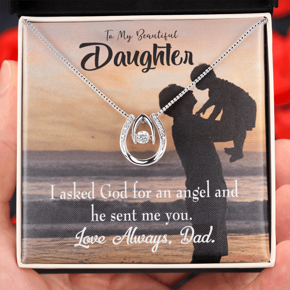 To My Daughter God Sent Angel to Dad Lucky Horseshoe Necklace Message Card 14k w CZ Crystals-Express Your Love Gifts