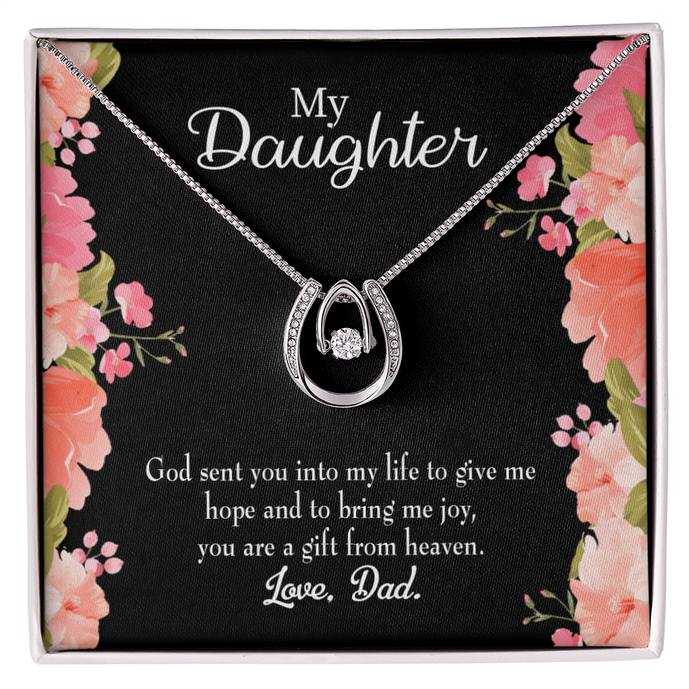 To My Daughter God Sent to Dad's Life Lucky Horseshoe Necklace Message Card 14k w CZ Crystals-Express Your Love Gifts