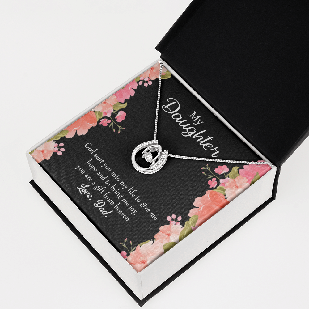 To My Daughter God Sent to Dad's Life Lucky Horseshoe Necklace Message Card 14k w CZ Crystals-Express Your Love Gifts