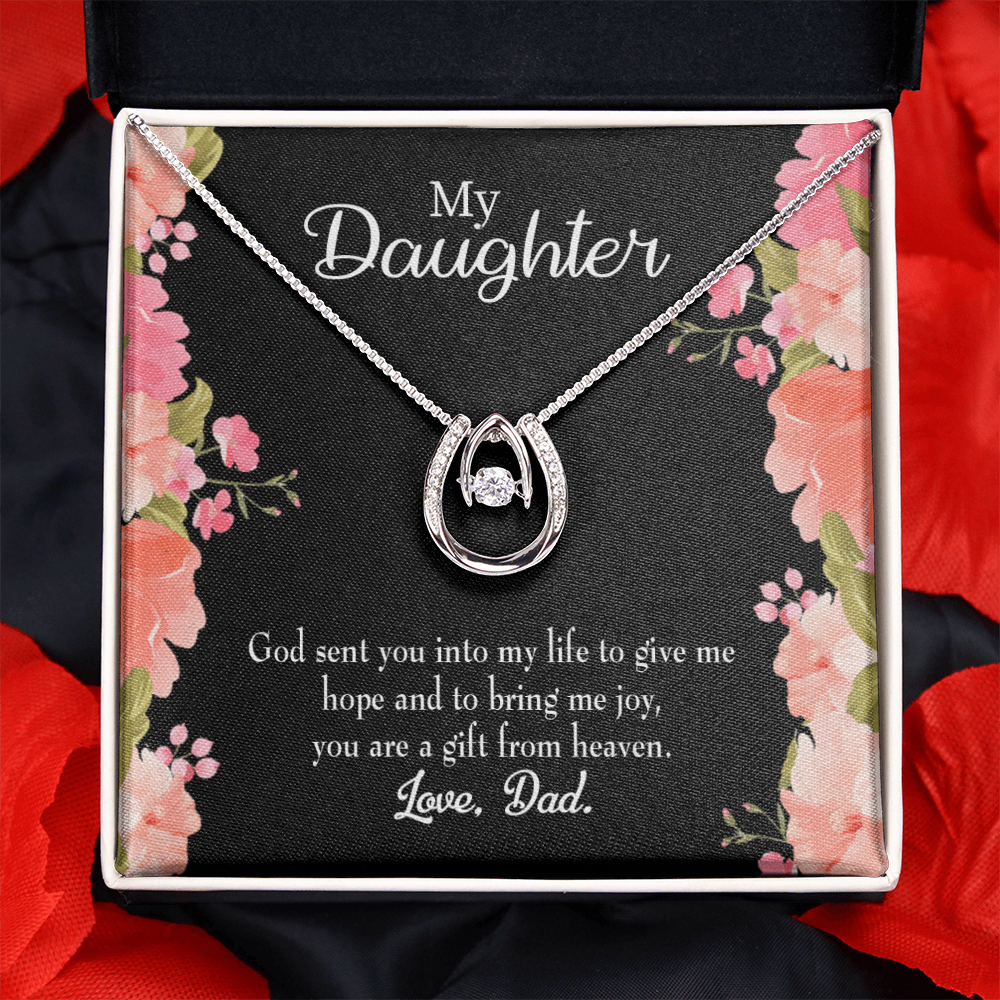 To My Daughter God Sent to Dad's Life Lucky Horseshoe Necklace Message Card 14k w CZ Crystals-Express Your Love Gifts