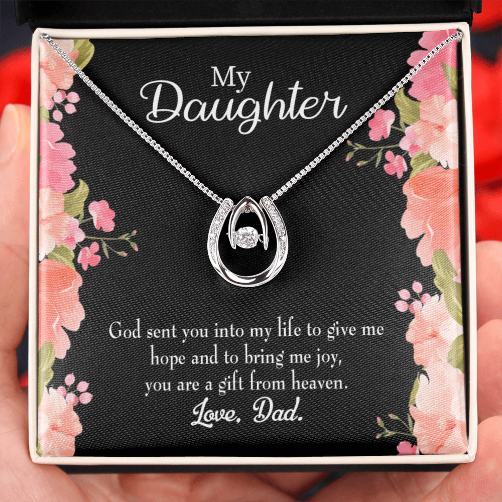 To My Daughter God Sent to Dad's Life Lucky Horseshoe Necklace Message Card 14k w CZ Crystals-Express Your Love Gifts