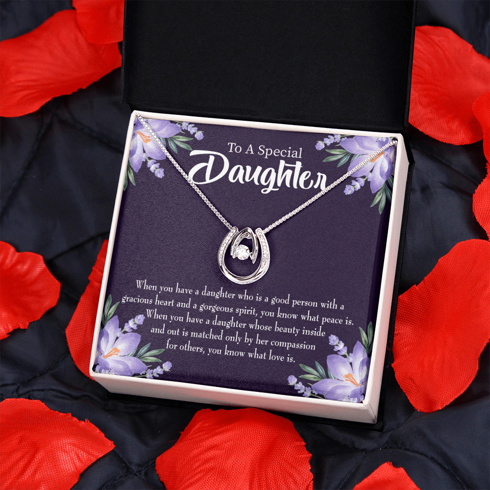 To My Daughter Good Person Lucky Horseshoe Necklace Message Card 14k w CZ Crystals-Express Your Love Gifts