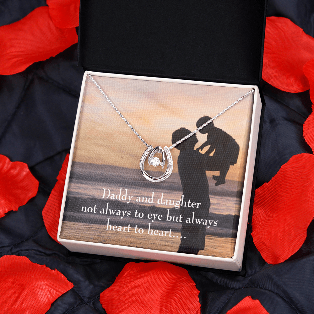 To My Daughter Heart to Heart From Dad Lucky Horseshoe Necklace Message Card 14k w CZ Crystals-Express Your Love Gifts