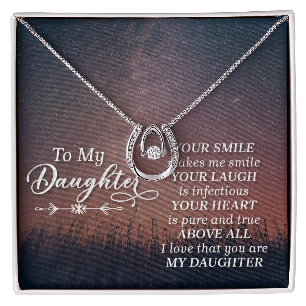 To my daughter-HER SMILE Lucky Horseshoe Necklace Message Card 14k w CZ Crystals-Express Your Love Gifts