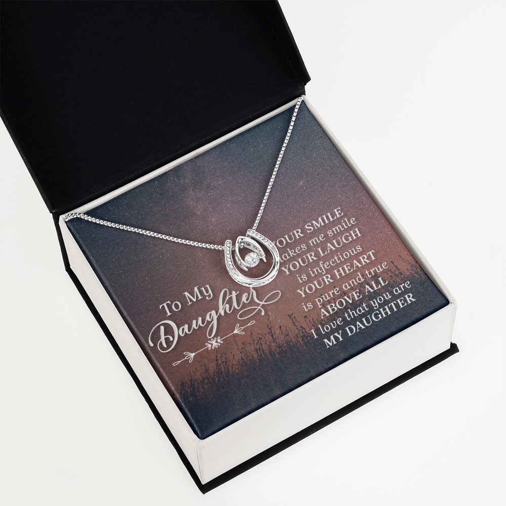 To my daughter-HER SMILE Lucky Horseshoe Necklace Message Card 14k w CZ Crystals-Express Your Love Gifts