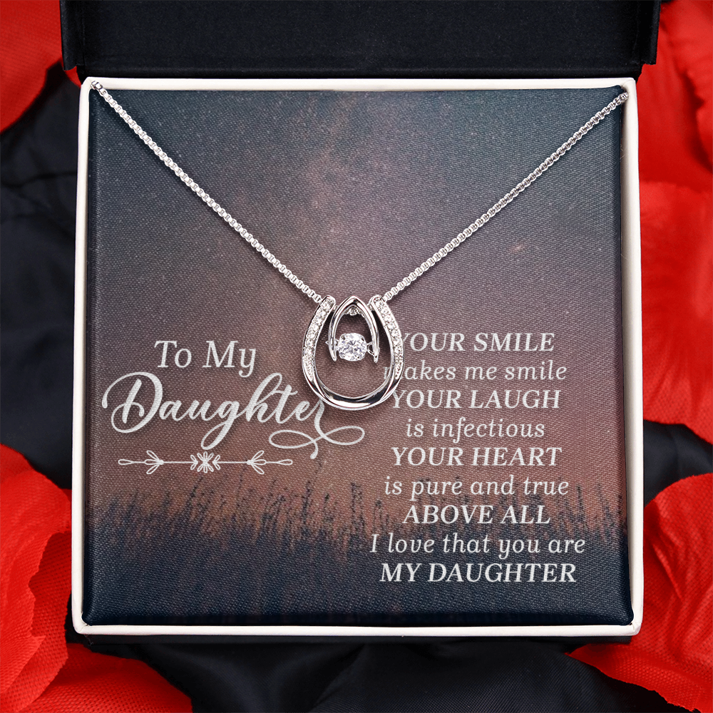 To my daughter-HER SMILE Lucky Horseshoe Necklace Message Card 14k w CZ Crystals-Express Your Love Gifts