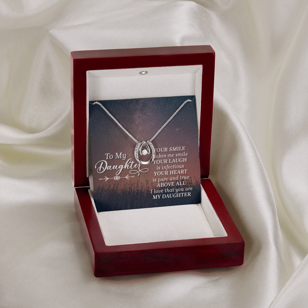 To my daughter-HER SMILE Lucky Horseshoe Necklace Message Card 14k w CZ Crystals-Express Your Love Gifts