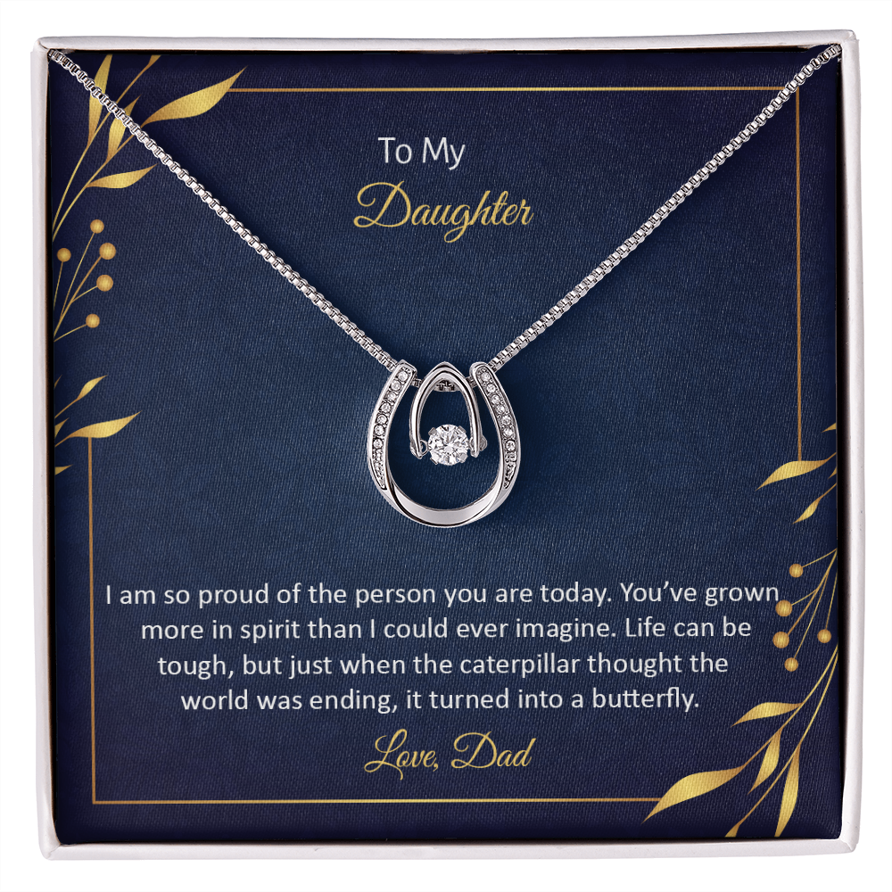 To My Daughter - I am so pround of the person you Are today Lucky Horseshoe Necklace Message Card 14k w CZ Crystals-Express Your Love Gifts