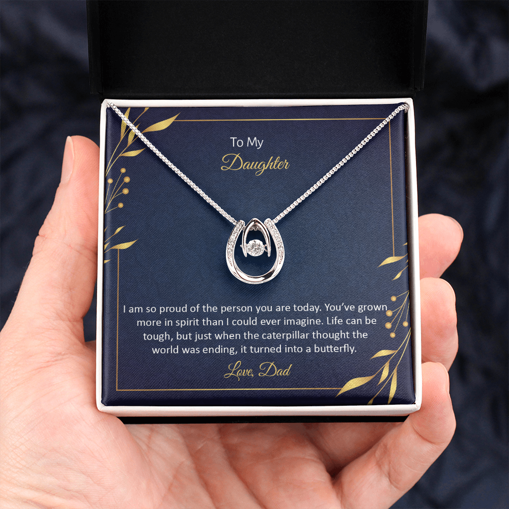 To My Daughter - I am so pround of the person you Are today Lucky Horseshoe Necklace Message Card 14k w CZ Crystals-Express Your Love Gifts