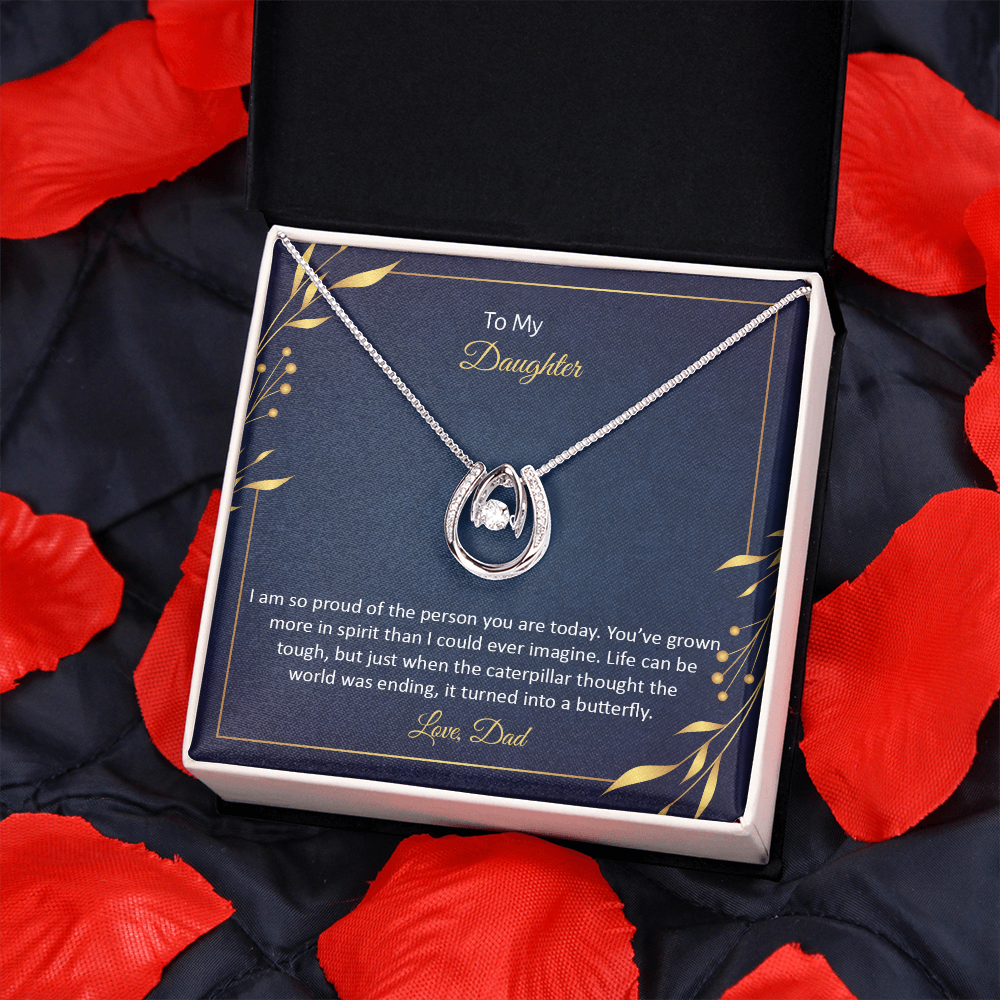 To My Daughter - I am so pround of the person you Are today Lucky Horseshoe Necklace Message Card 14k w CZ Crystals-Express Your Love Gifts