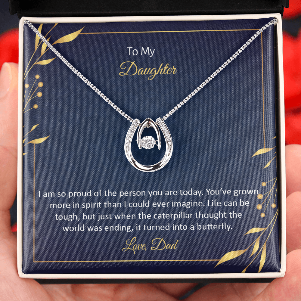 To My Daughter - I am so pround of the person you Are today Lucky Horseshoe Necklace Message Card 14k w CZ Crystals-Express Your Love Gifts
