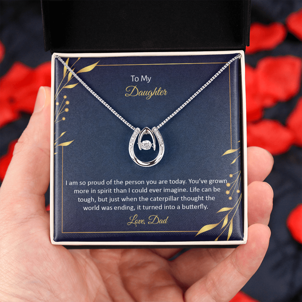 To My Daughter - I am so pround of the person you Are today Lucky Horseshoe Necklace Message Card 14k w CZ Crystals-Express Your Love Gifts