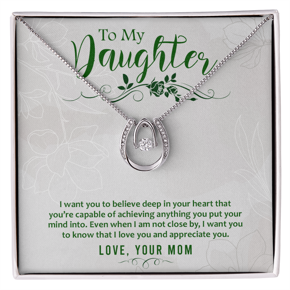 To my daughter-I want you to believe Lucky Horseshoe Necklace Message Card 14k w CZ Crystals-Express Your Love Gifts