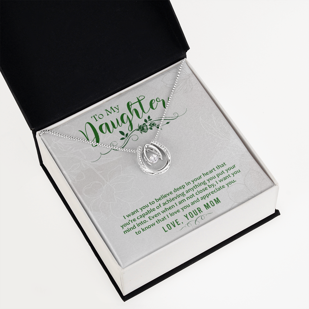 To my daughter-I want you to believe Lucky Horseshoe Necklace Message Card 14k w CZ Crystals-Express Your Love Gifts
